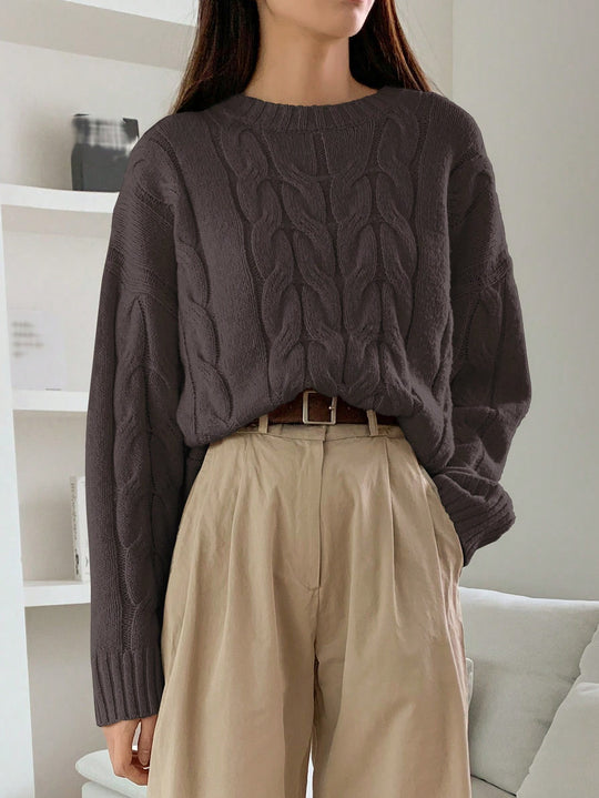 Damen Gemusterter Strickpullover mit voluminösen Ärmeln und Rundhalsausschnitt R&B