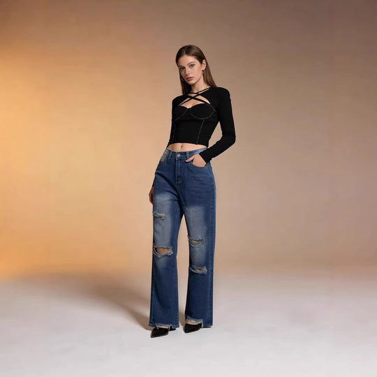 Damen weite Jeans mit stylischem Destroyed-Detail und bequemer Passform R&B