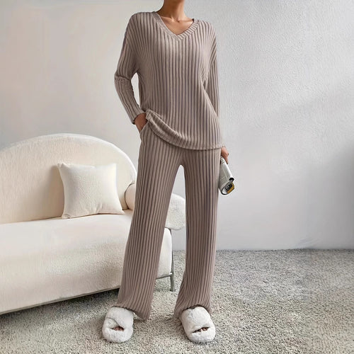 Damen Komfortables Strickset mit V-Ausschnitt und geripptem Design R&B