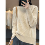 Damen Grobstrickpullover mit innovativem Zopfmuster und hohem Stehkragen R&B