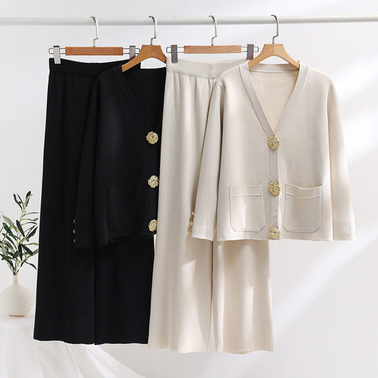 Damen elegantes Strick-Loungewear-Set mit weiten Bein und schönen Knöpfen R&B