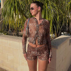 Damen Transparente Leopardenmuster Bluse und Short Set R&B