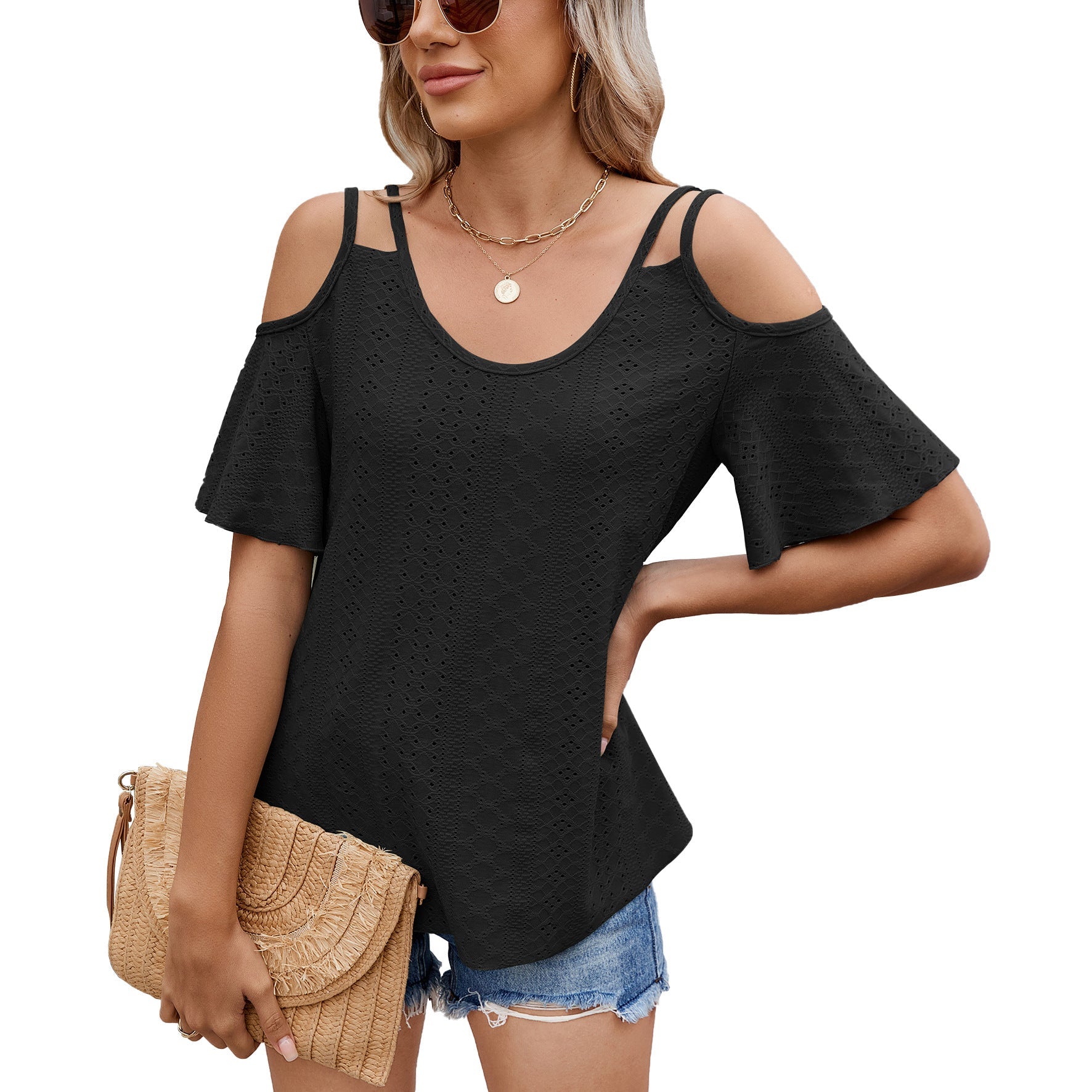 R&B | Schulterfreies T-Shirt mit V-Ausschnitt