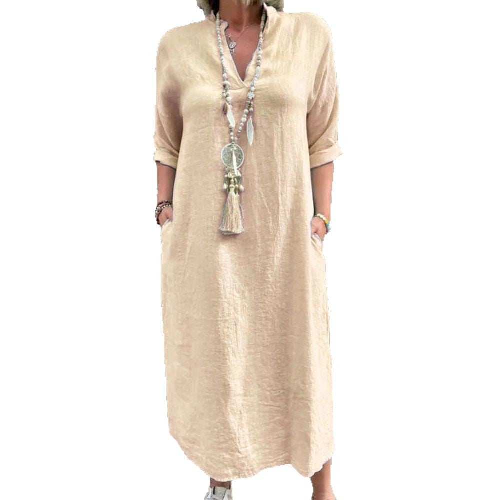 Damen Lässiges Kaftan-Kleid mit seitlichen Taschen und modischem V-Ausschnitt R&B