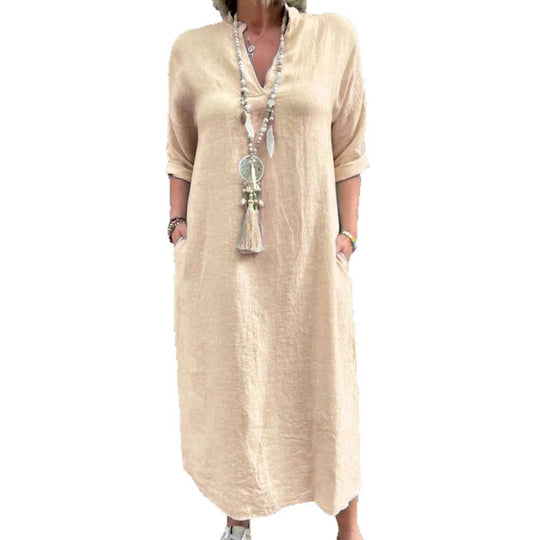 Damen Lässiges Kaftan-Kleid mit seitlichen Taschen und modischem V-Ausschnitt R&B