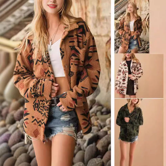 Damen kuschelige Overshirt-Jacke im Ethno-Design R&B