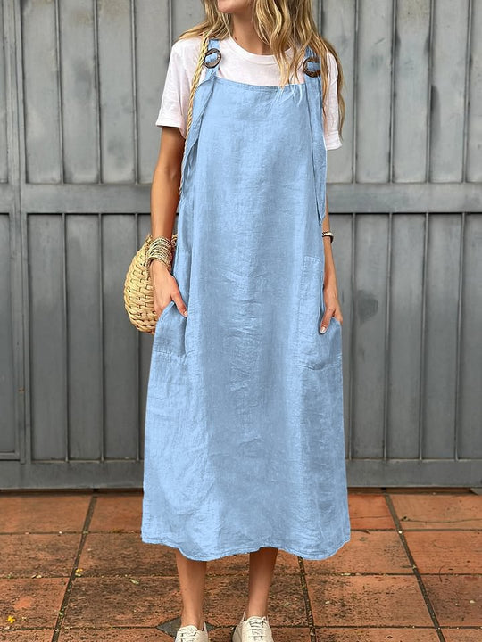 Damen Leichte Leinenkleid mit Taschen R&B