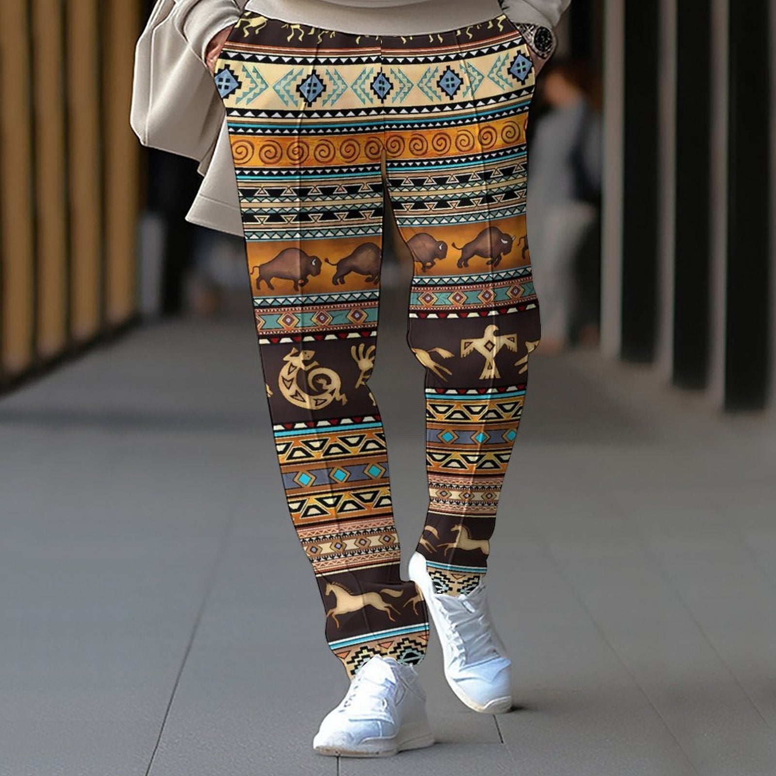Damen modische und bequeme Leggings im Ethno-Stil mit buntem Muster R&B