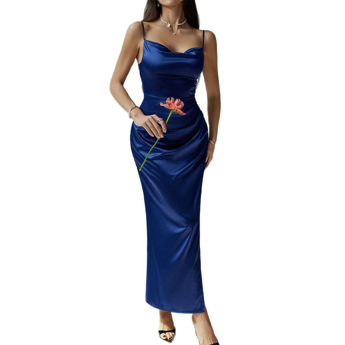 Damen Elegantes Satin-Maxi-Kleid mit verführerischen Spaghettiträgern und femininer Silhouette R&B