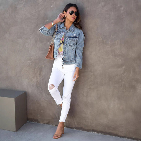 Damen trendige Denimjacke im lässigen Oversize-Schnitt mit fransigen Ärmeln R&B