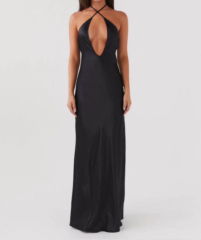 Damen Maxikleid mit tiefem V-Ausschnitt und eleganter Rückenansicht R&B