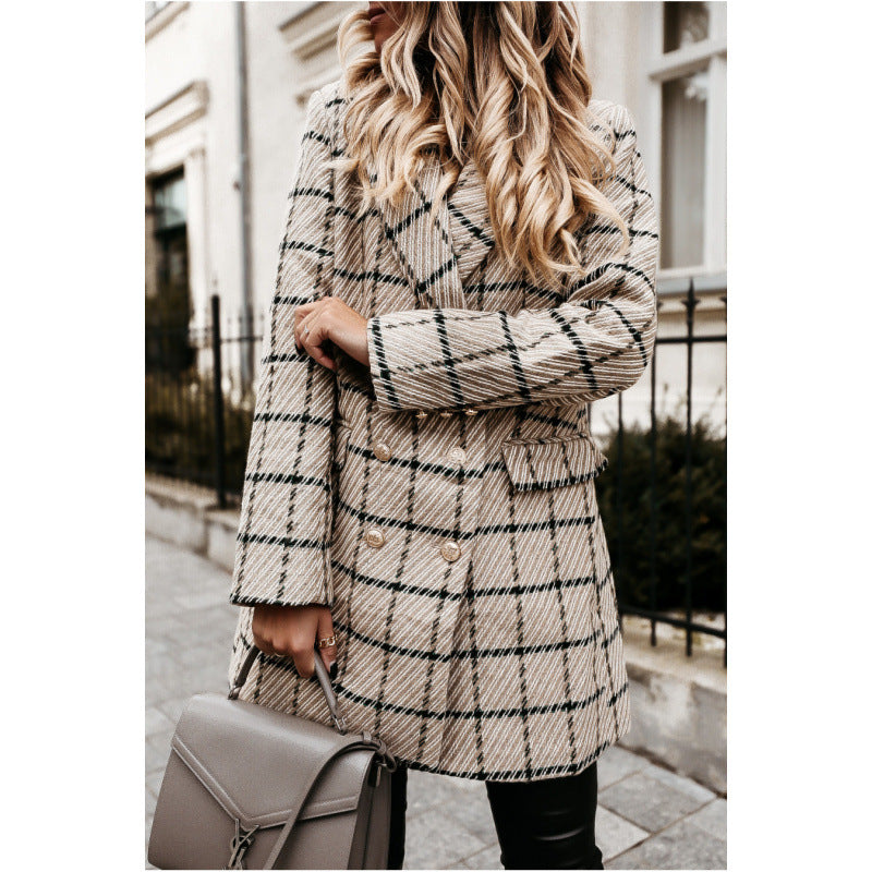 Damen Doppelreihige Karierte Blazerjacke R&B