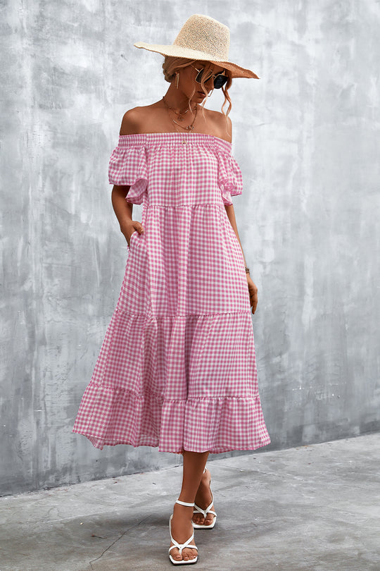 Damen Fließendes Maxikleid mit off-shoulder Design und Rüschensaum R&B