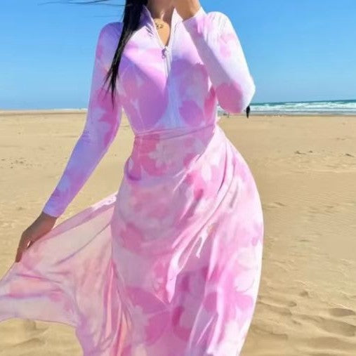 Damen Strandkleid mit Reißverschluss und langen Ärmeln R&B