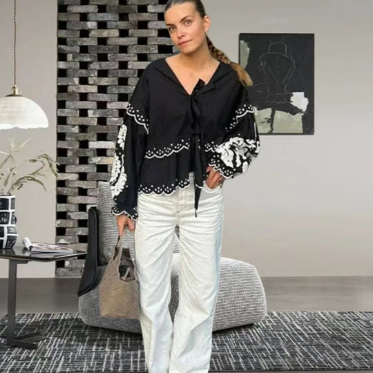 Damen Bluse mit Spitzenaufsatz und lässigem Schnitt R&B