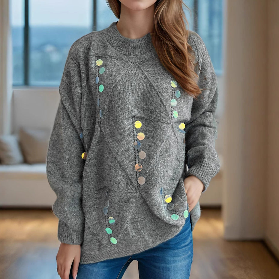 Damen lässiger Pullover mit dekorativen Pailletten und strukturiertem Maschenmuster R&B