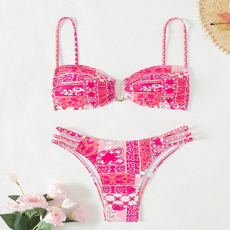 Damen Bandeau-Bikini mit raffinierten Rüschendetails und elegantem Muster R&B
