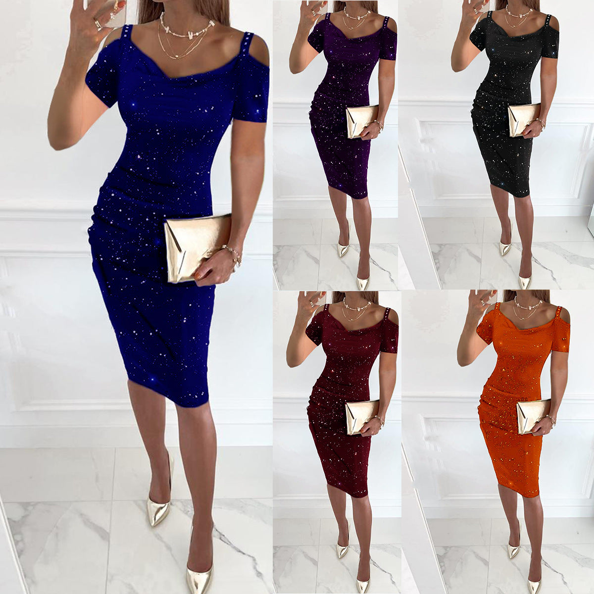Damen figurbetontes Wickelkleid mit glitzernden Akzenten R&B