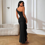 Damen elegantes Langarm-Maxi-Kleid mit asymmetrischem Saum R&B
