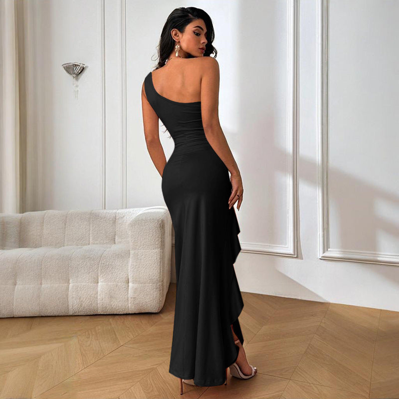 Damen elegantes Langarm-Maxi-Kleid mit asymmetrischem Saum R&B