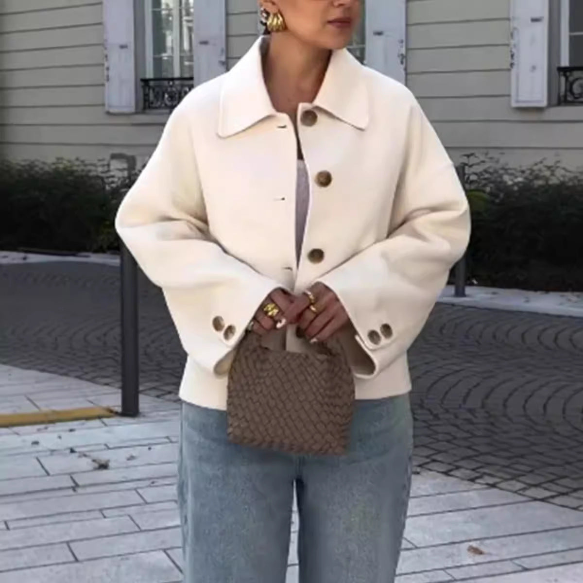Damen Modische Oversized-Wolljacke mit Knopfdetails und weitem Schnitt R&B