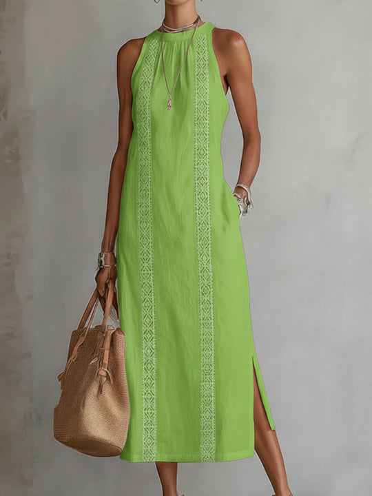 Damen Elegantes Sommer-Maxi-Kleid mit Spitzenapplikation und seitlichem Schlitz Heidi-Mode