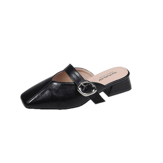 Damen elegante Mules mit quadratischer Zehenpartie und modischen Schnallenakzenten R&B