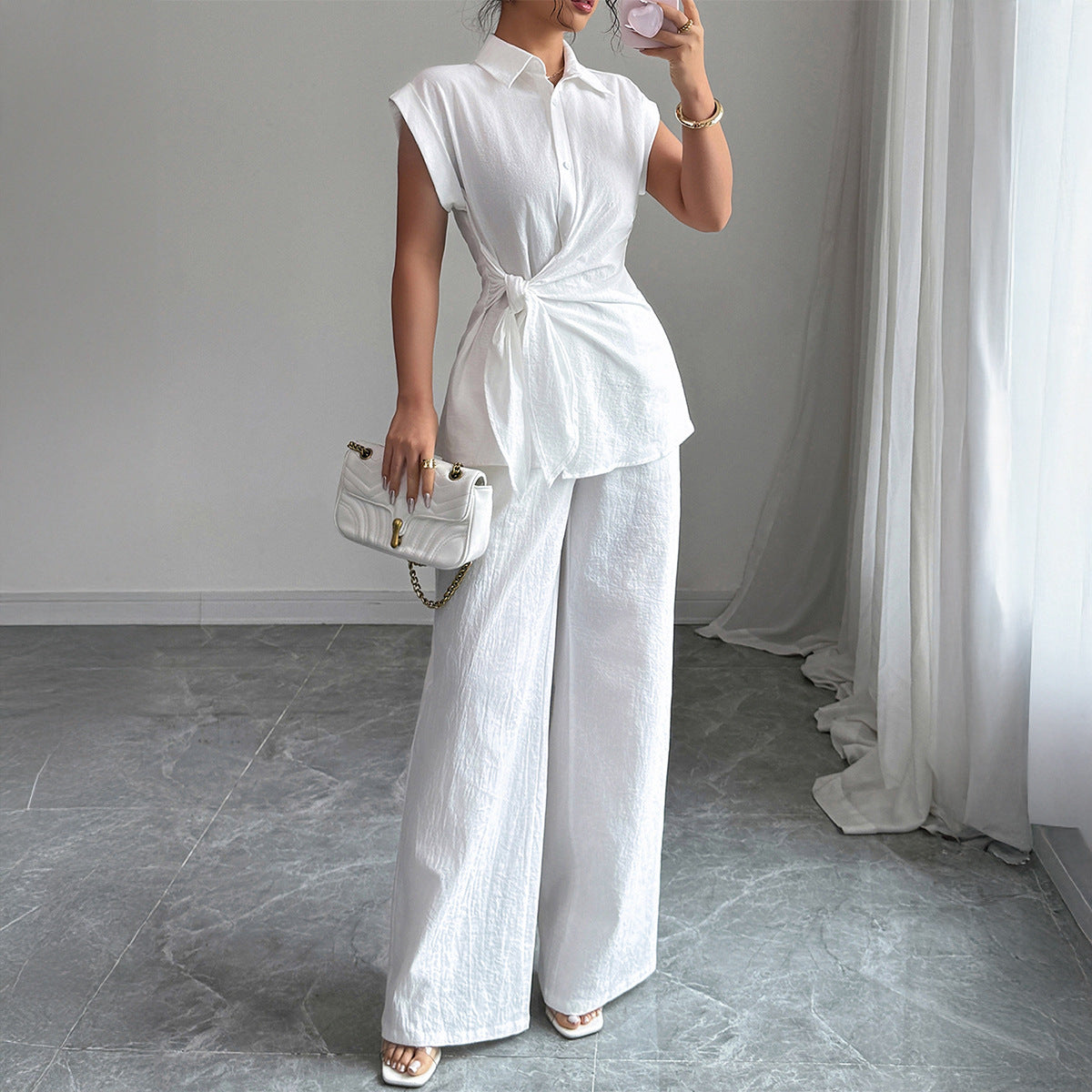 Damen elegantes Zweiteiliges Set mit taillierter Bluse und weit geschnittenen Hosen R&B