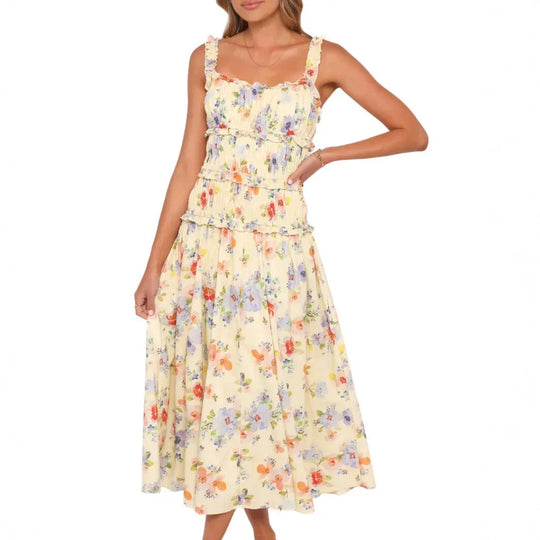 Damen nan luftig-leichte Stufenmidikleid mit gerafftem Oberteil und Rüschen-Trägern R&B