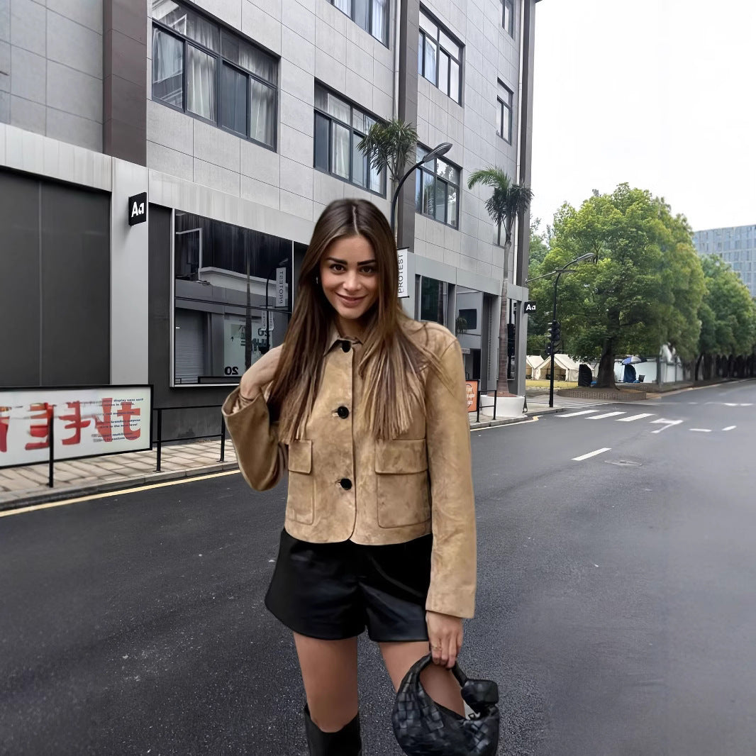 Damen modische Wildlederjacke mit aufgesetzten Taschen R&B