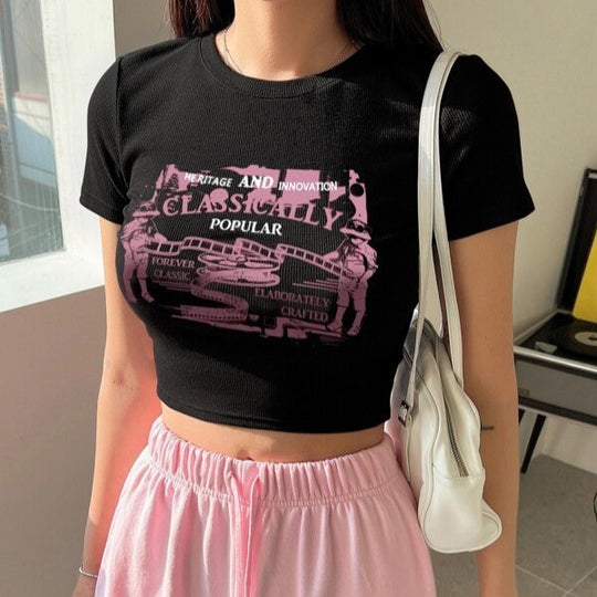 Damen Crop-T-Shirt mit inspirierendem Schriftzug und Sternen-Design R&B