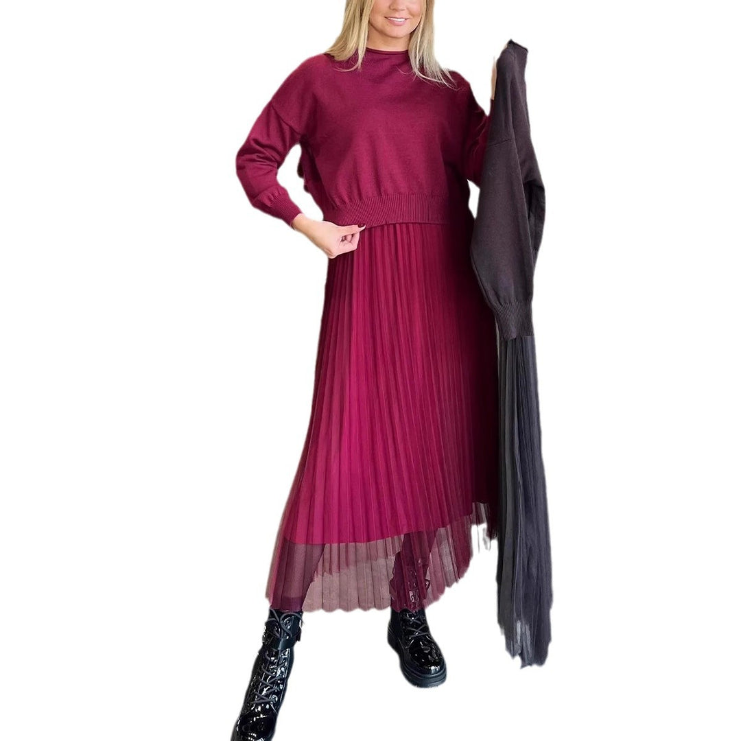 Damen Elegantes Faltenrock- und Pullover Set R&B
