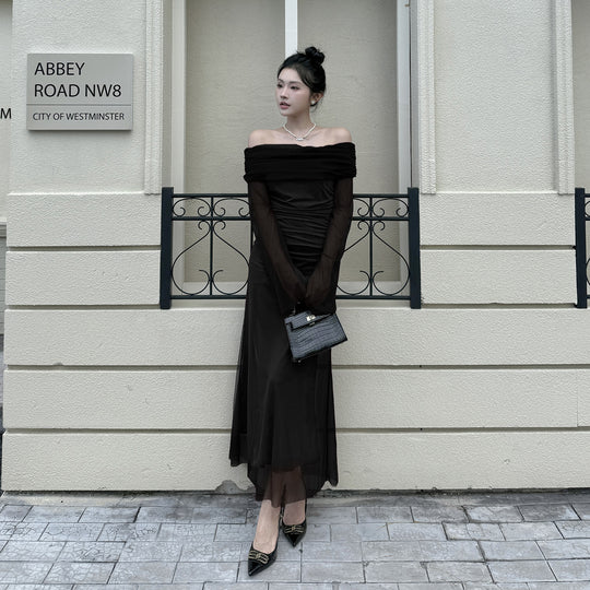 Damen Off-Shoulder Abendkleid mit gerafftem Design und langen Ärmeln R&B