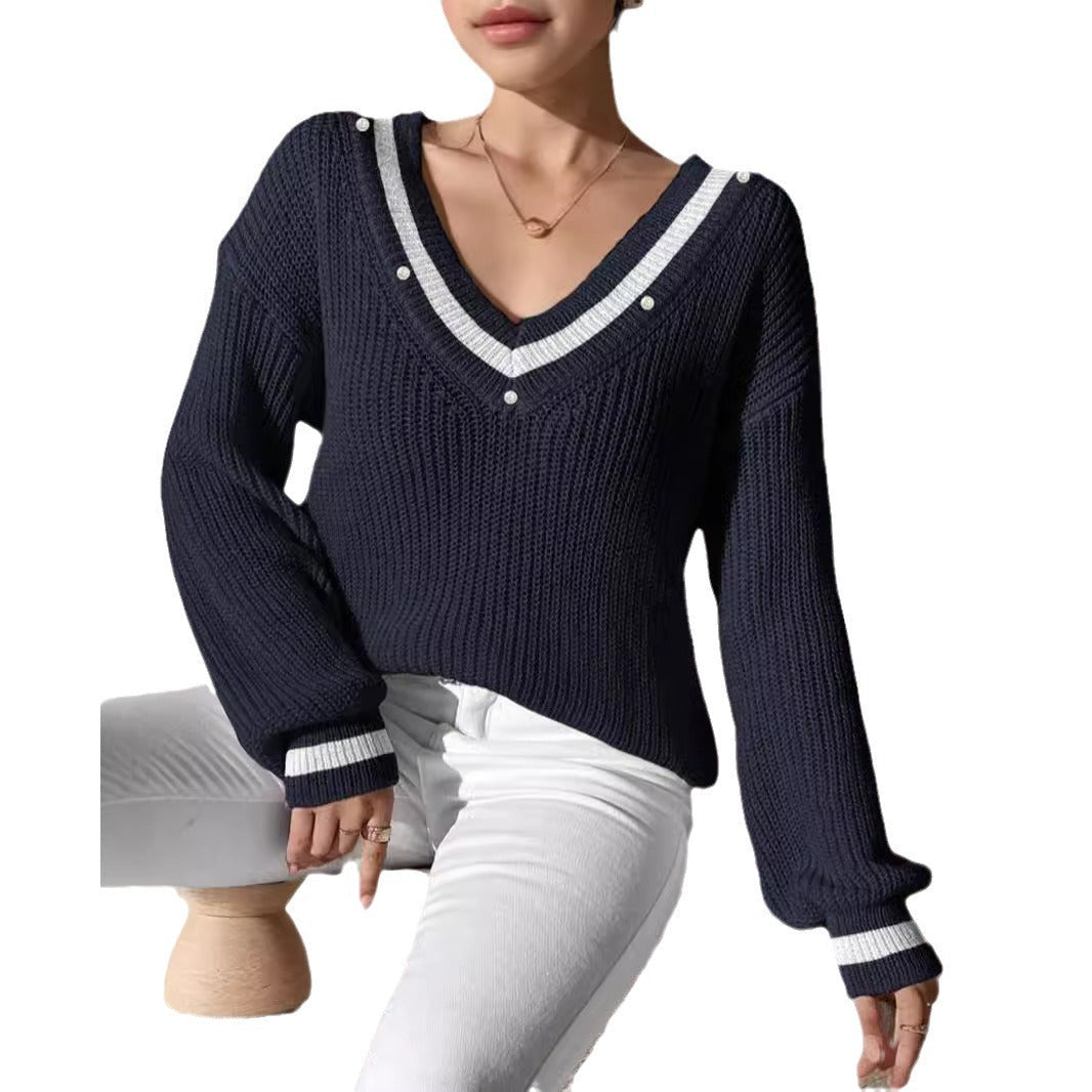 Damen lässiger Pullover mit V-Ausschnitt und dekorativer Knopfleiste R&B