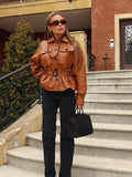 Damen modische Kunstlederjacke mit tailliertem Schnitt und Gürtel R&B