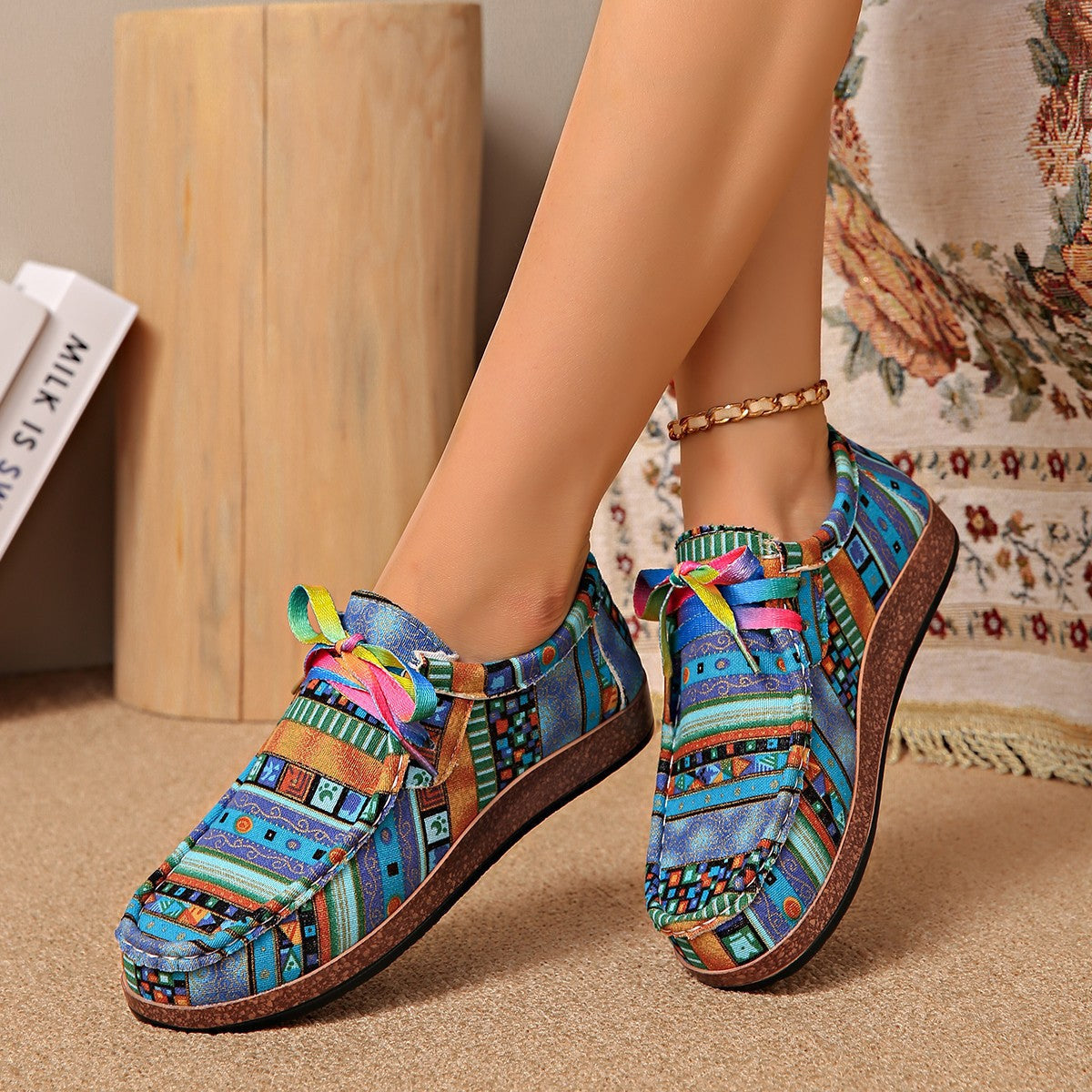 Damen Freizeitschuhe mit buntem Textilmuster und bequemer Gummisohle R&B