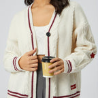 Damen nan oversized Zopfstrick Cardigan mit V-Ausschnitt und kontrastierenden Strickkanten R&B