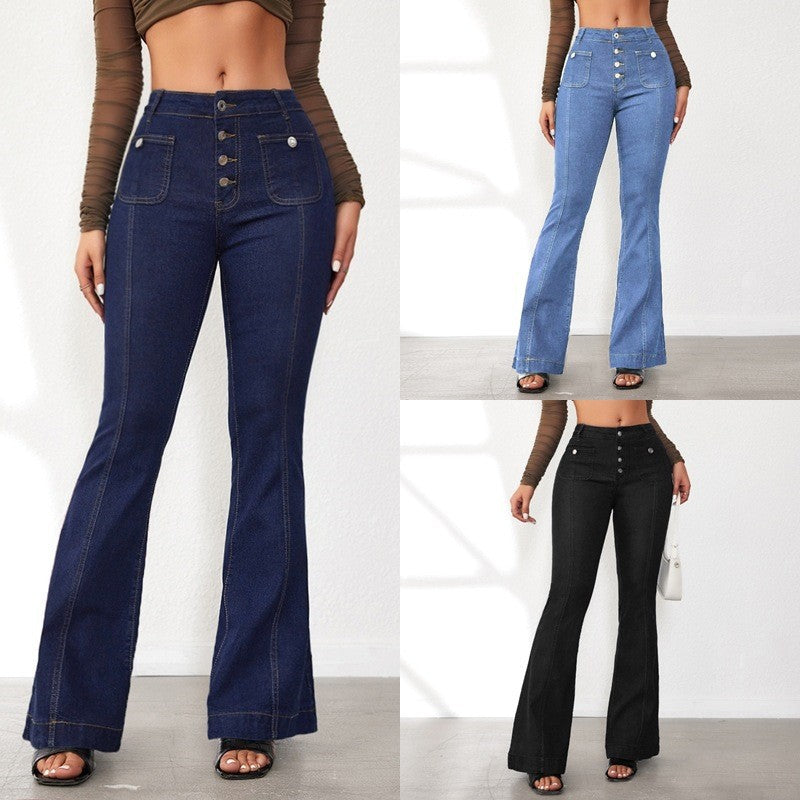Damen Flared Jeans mit hohem Schnitt und eleganten Knopfdetails R&B