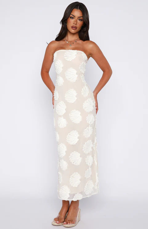 Damen Strapless Maxikleid mit floralen 3D-Applikationen R&B