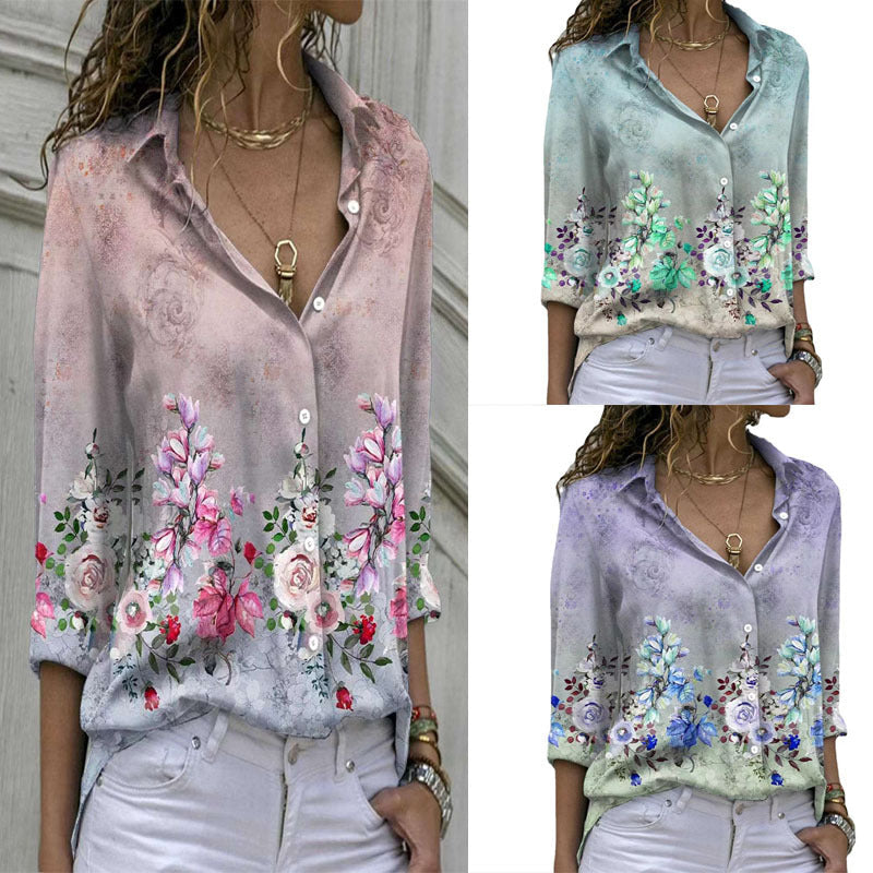 Damen nan florale V-Ausschnitt Knopfbluse mit lockerer Passform und Umschlagärmeln R&B