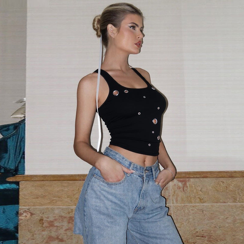 Damen Enganliegendes Crop-Top mit dekorativen Ösen R&B