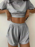 Damen lässiges Crop-Top und Short-Set mit gestreiftem Muster