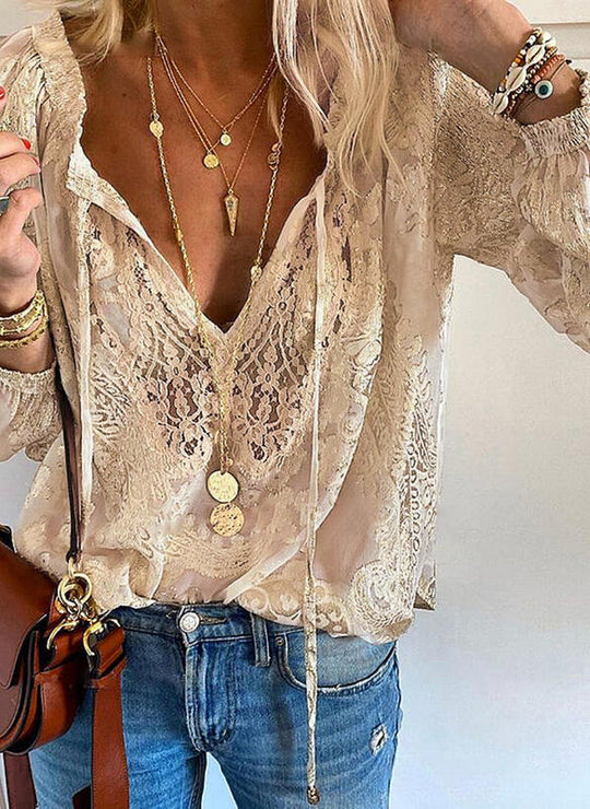 Damen Elegante und feminine Bluse mit V-Ausschnitt und Spitzenakzenten R&B