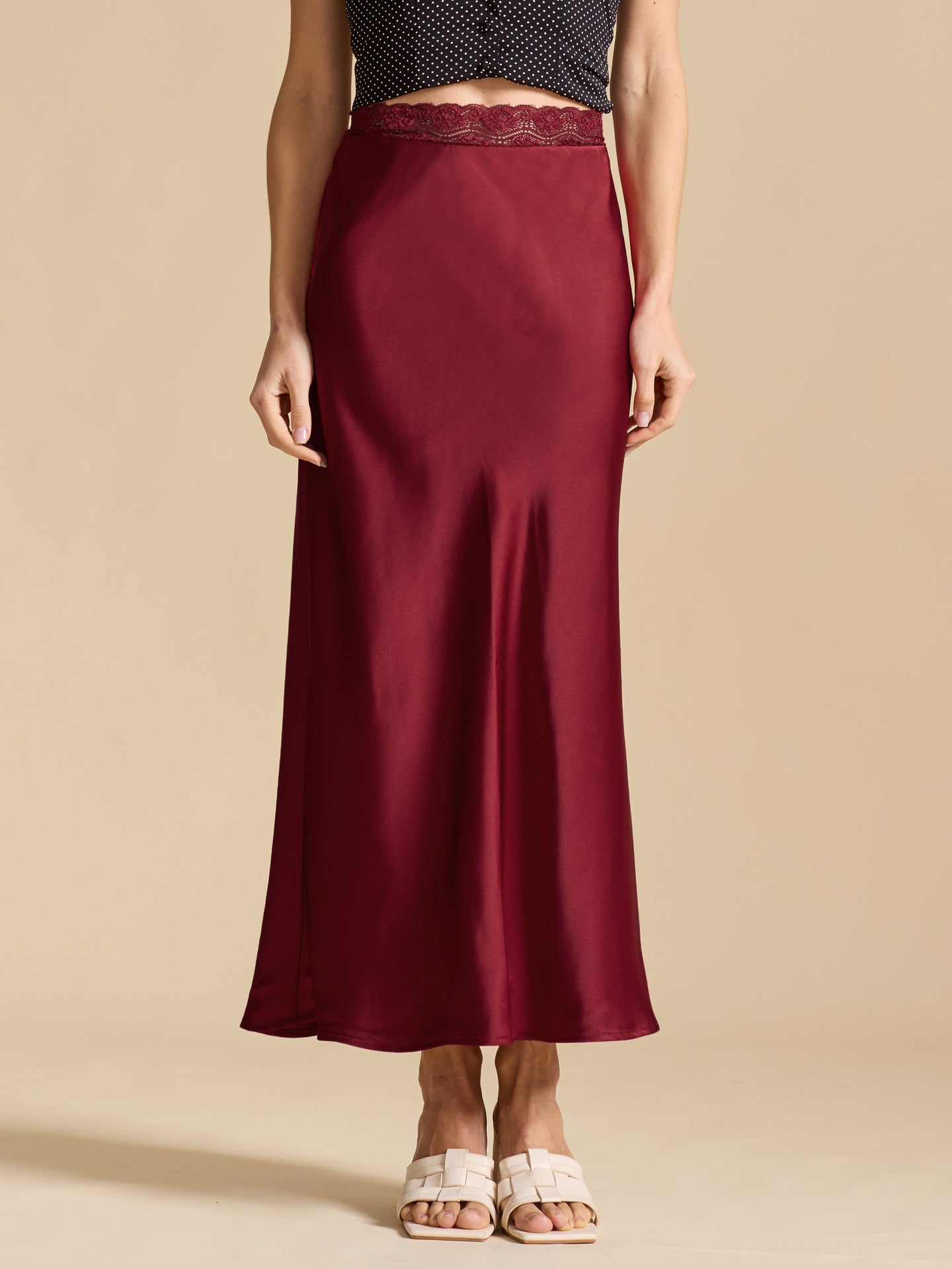Damen eleganter Satin-Rock mit Spitzenbund R&B