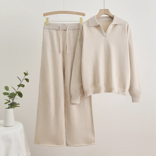 Damen gemütliches Strick-Loungewear-Set mit weit geschnittenem Pullover und Hose R&B