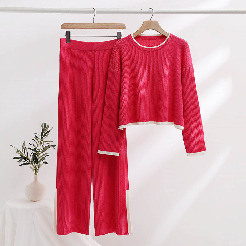 Damen lässiges Strickensemble mit hohem Bund und kontrastierenden Bündchen R&B