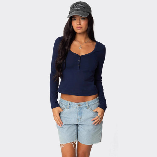Damen Cropped Langarmhemd mit Knopfleiste und weichem Stoff R&B