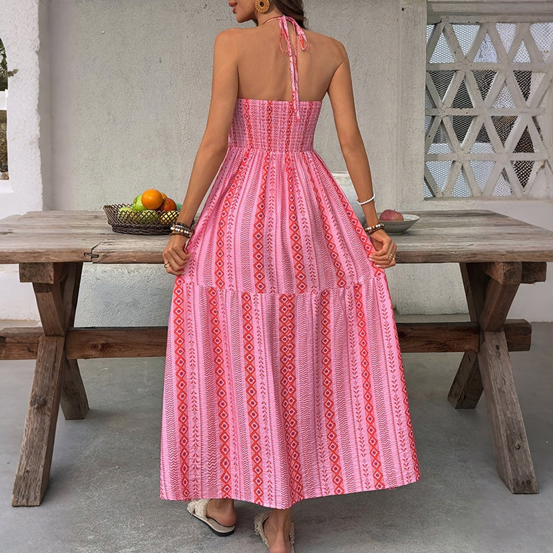 Damen Maxi-Strandkleid mit elastischem Oberteil und verspieltem Muster R&B