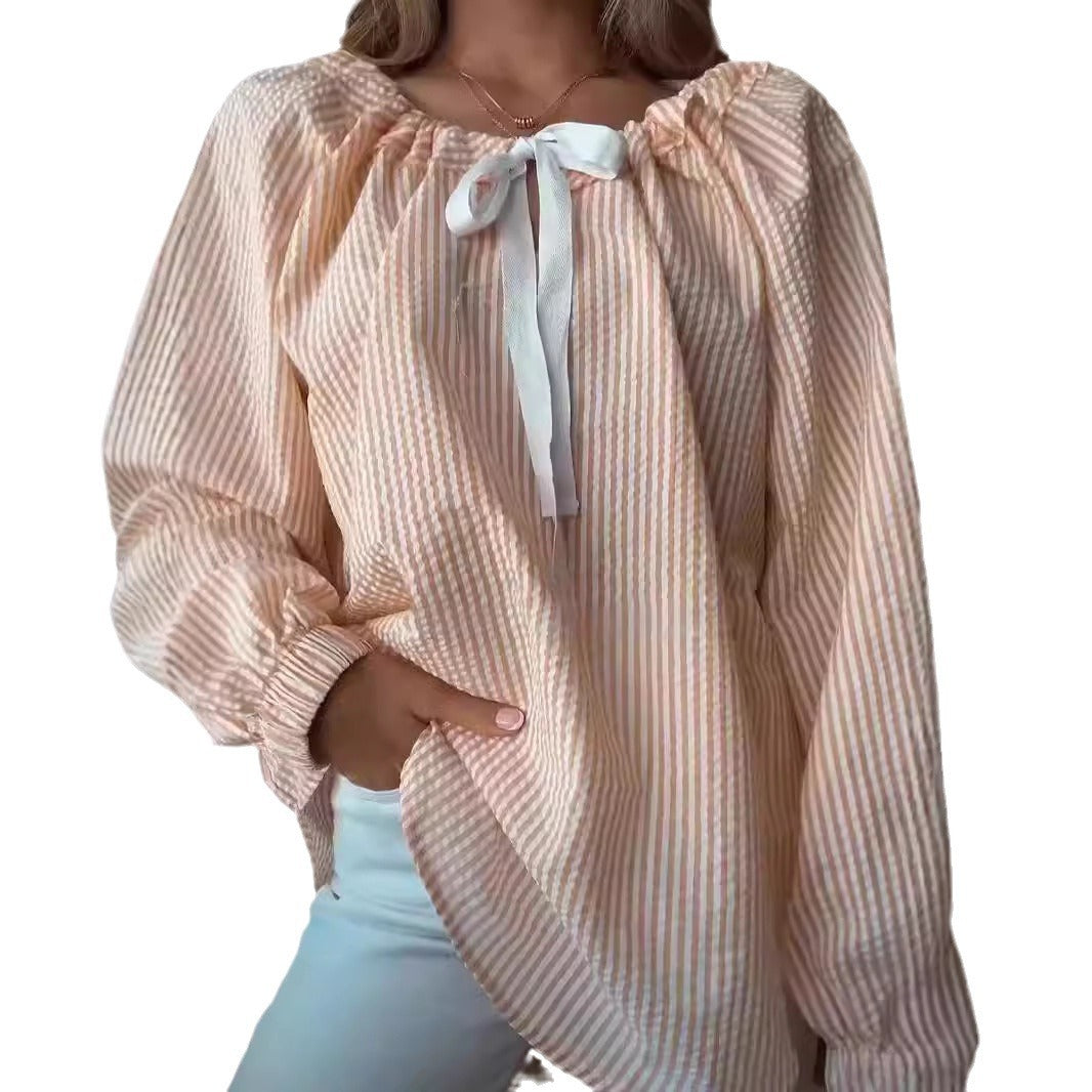 Damen Bluse mit elastischem Ausschnitt und Schleifenbindung R&B