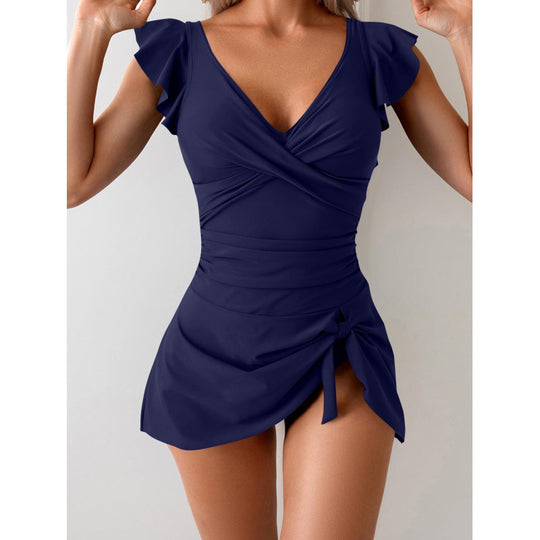 Damen Eleganter Badeanzug mit Rüschendetails und Wickelrock R&B